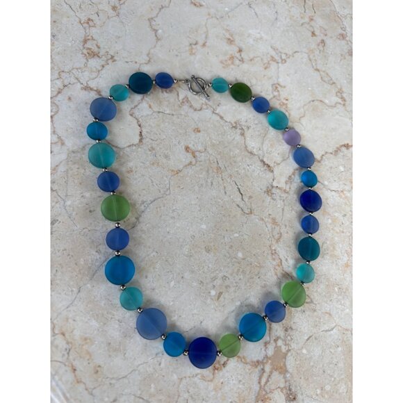 Handcrafted Multicolor Frosted Glass Bead Necklace With Silver Accents & Toggle - Picture 3 of 9